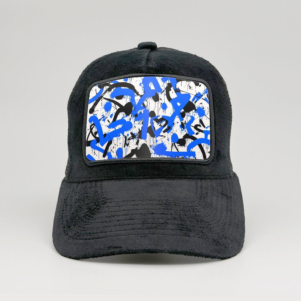 Blue & Black Graffiti on the Midnatt Velvet Trucker