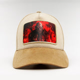 Orc with red fire behind on the Björk Suede Classic