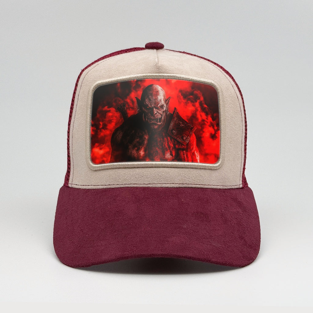 Orc with red fire behind on the Faluröd Suede Trucker