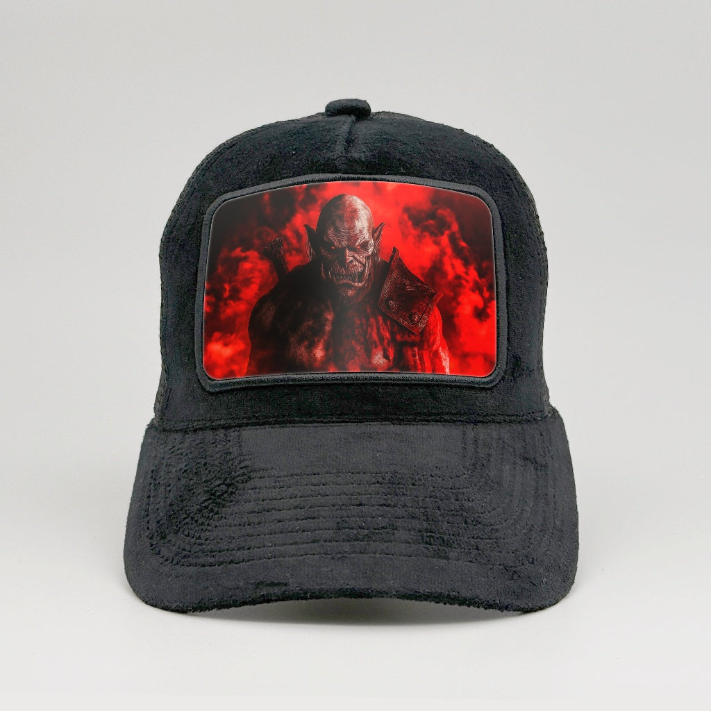 Orc with red fire behind on the Midnatt Velvet Trucker