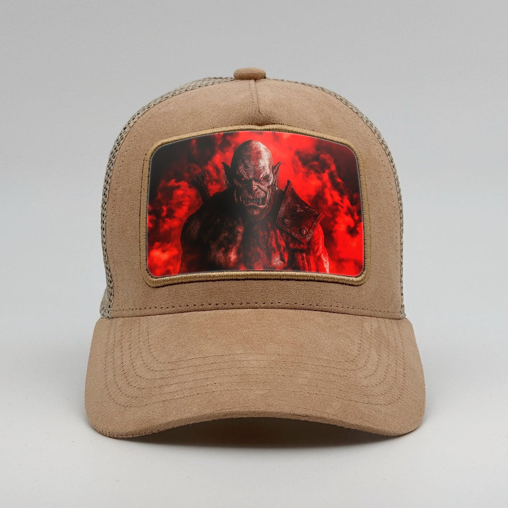Orc with red fire behind on the Timmer Suede Trucker