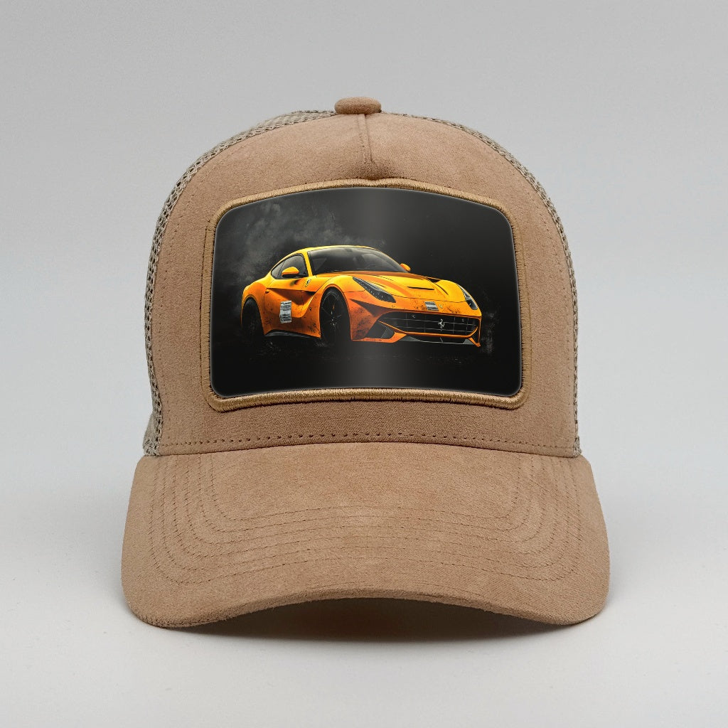 Yellow Ferrari F12 on the Timmer Suede Trucker