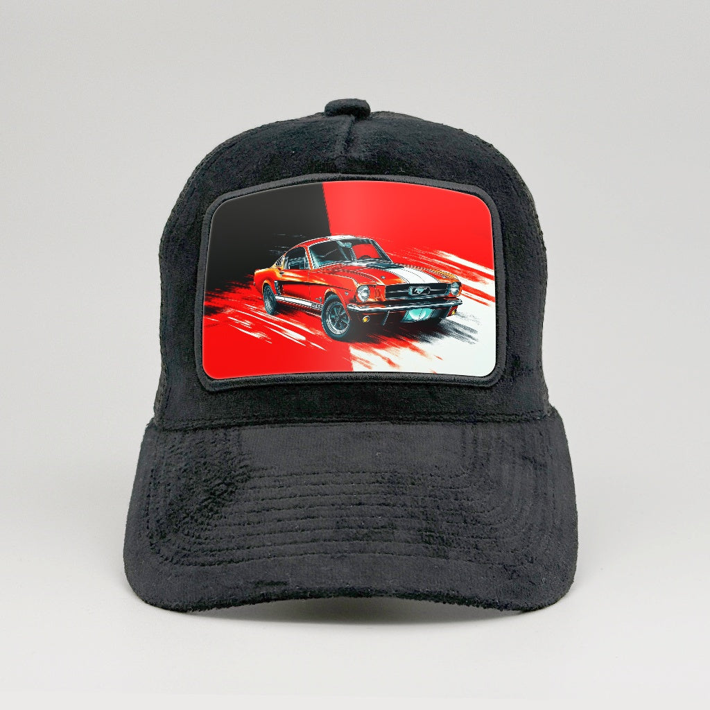 Red Mustang Mach 1 Roar on the Midnatt Velvet Trucker