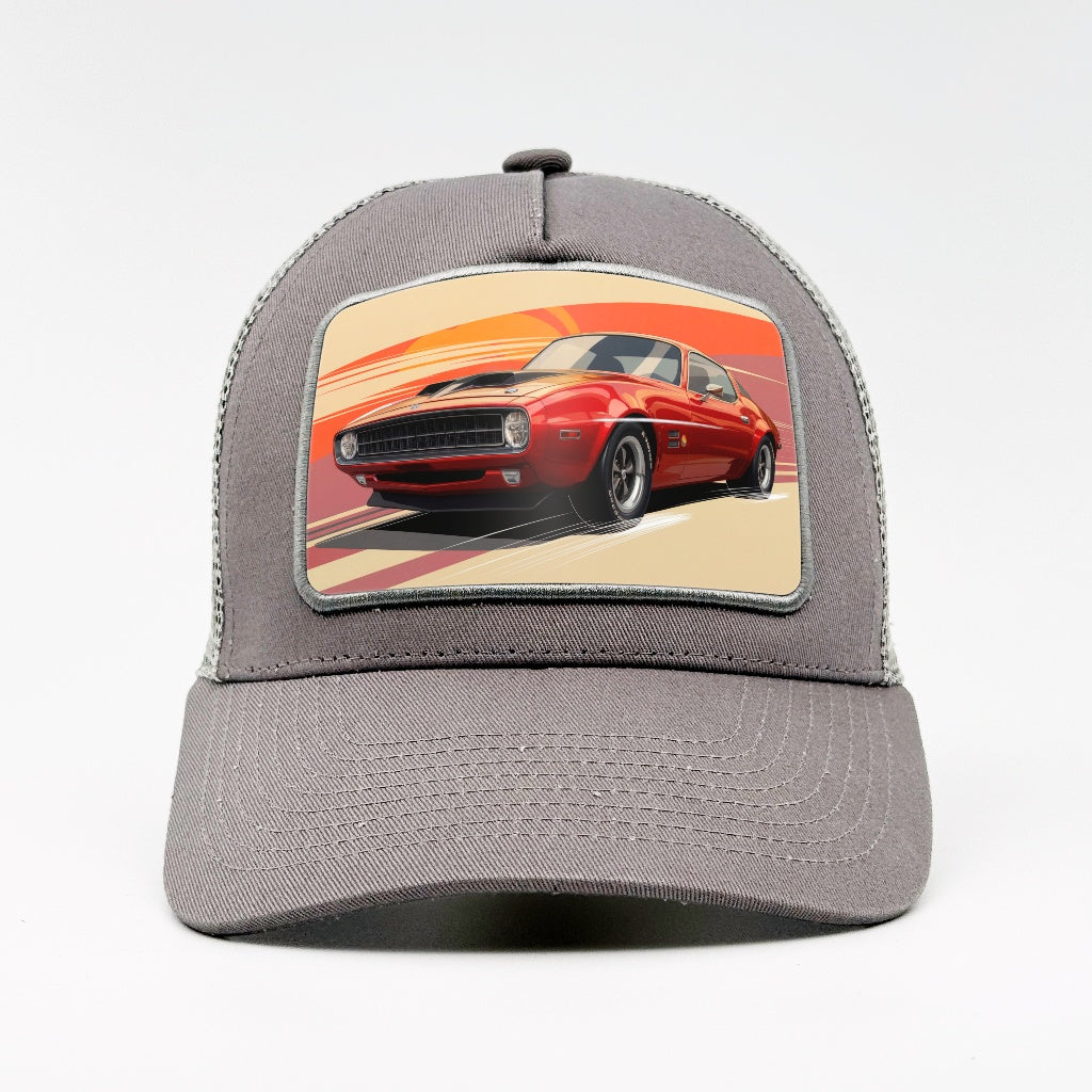 Vintage red muscle car on the Aska Cotton Trucker