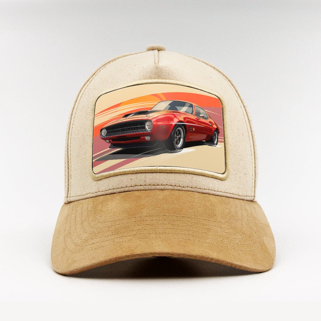 Vintage red muscle car on the Björk Suede Classic
