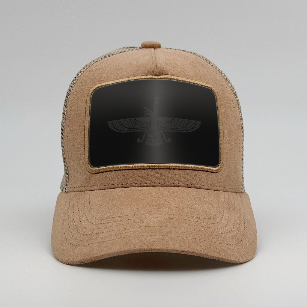 Faravahar - Zoroastrian Symbol on the Timmer Suede Trucker