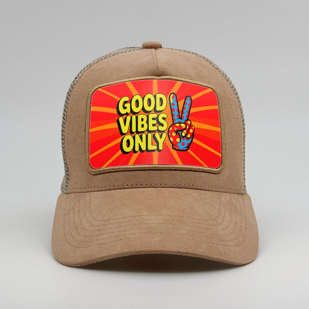 "Good Vibes Only" on the Timmer Suede Trucker