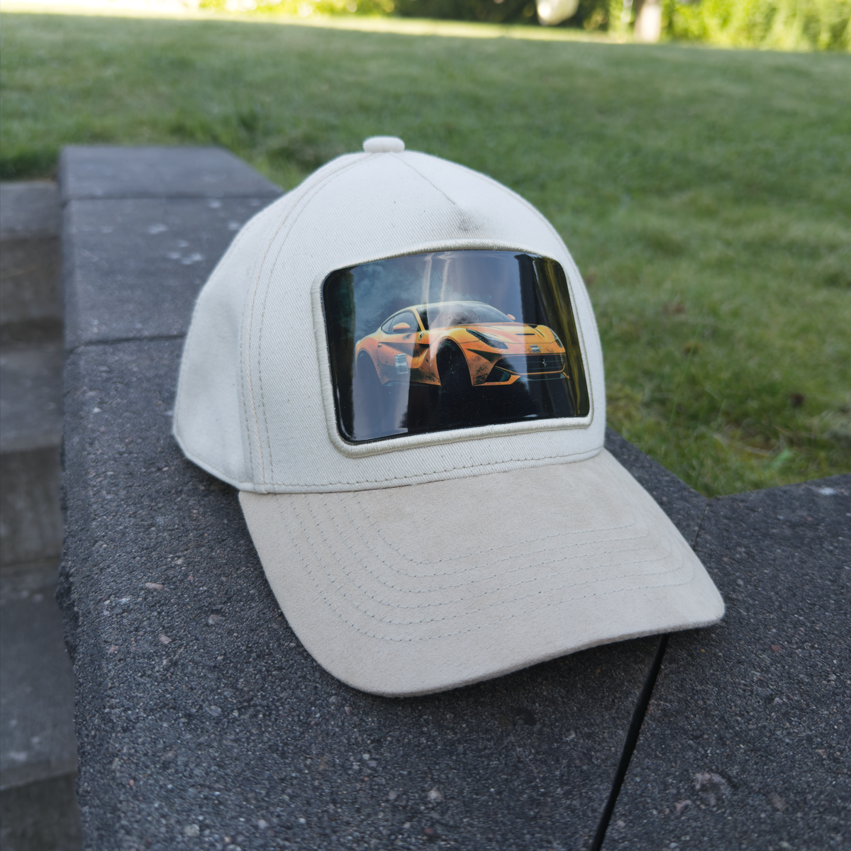 Yellow Ferrari F12 Art Plate on a Bjork Art Cap, photographed outdoors